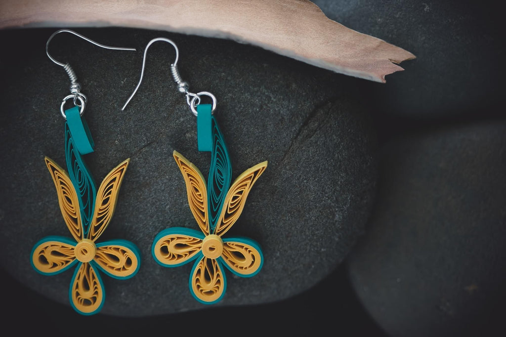 Hasa Smile Turquoise Long Earrings, handmade paper quilling light weight earrings made in California, USA. Sustainable fashion and eco-friendly earrings.
