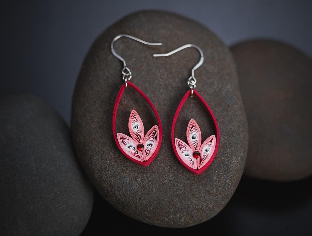 Lohitha Red Long Earrings, handmade paper quilling light weight earrings made in California, USA. Sustainable fashion and eco-friendly earrings.