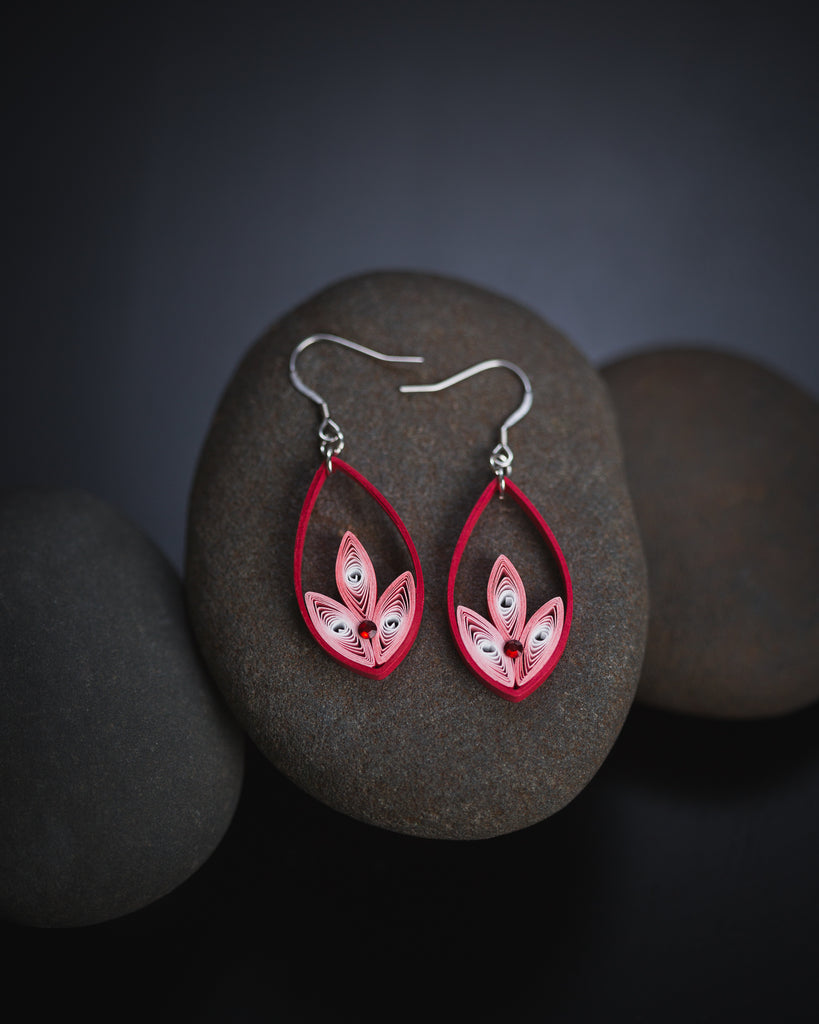 Lohitha Red Long Earrings, handmade paper quilling light weight earrings made in California, USA. Sustainable fashion and eco-friendly earrings.