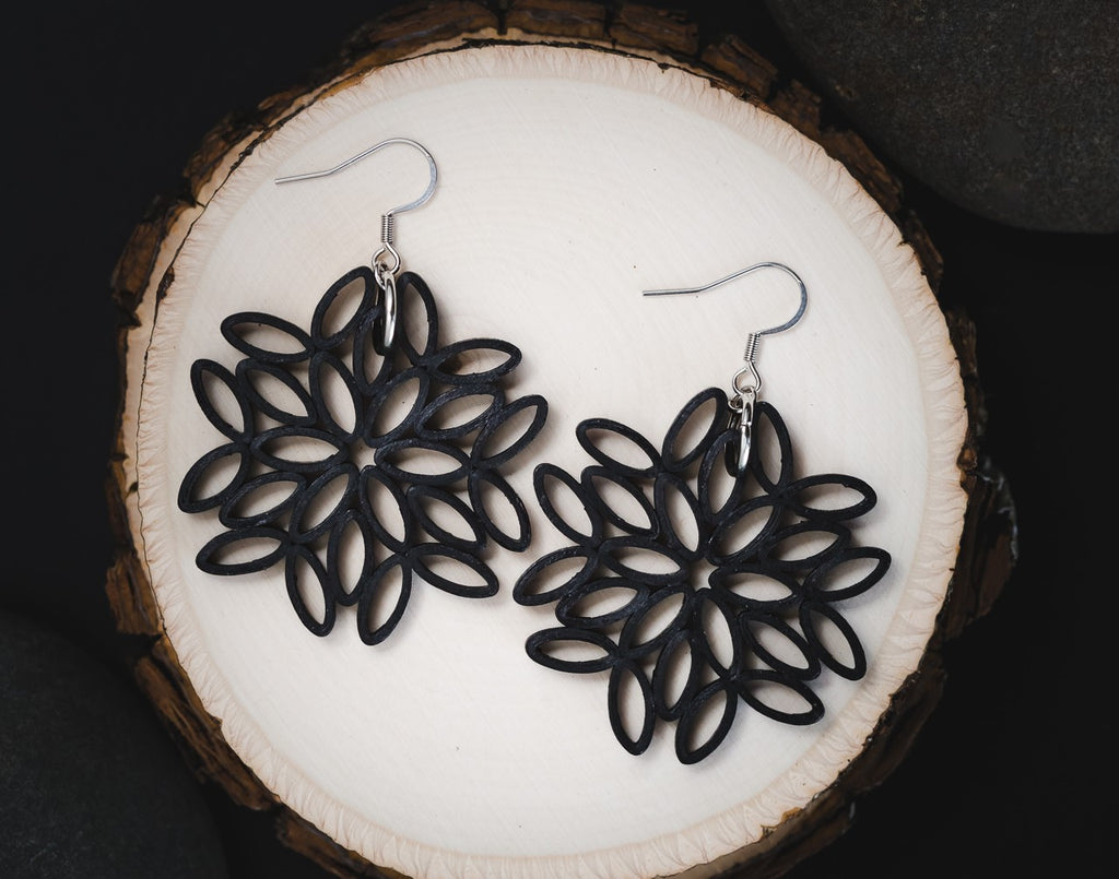 Kala Black Mandala Earrings, handmade paper quilling light weight earrings made in California, USA. Sustainable fashion and eco-friendly earrings.