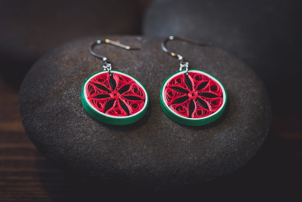 Kaligga Round Watermelon Fruit Earrings, handmade paper quilling light weight earrings made in California, USA. Sustainable fashion and eco-friendly earrings.