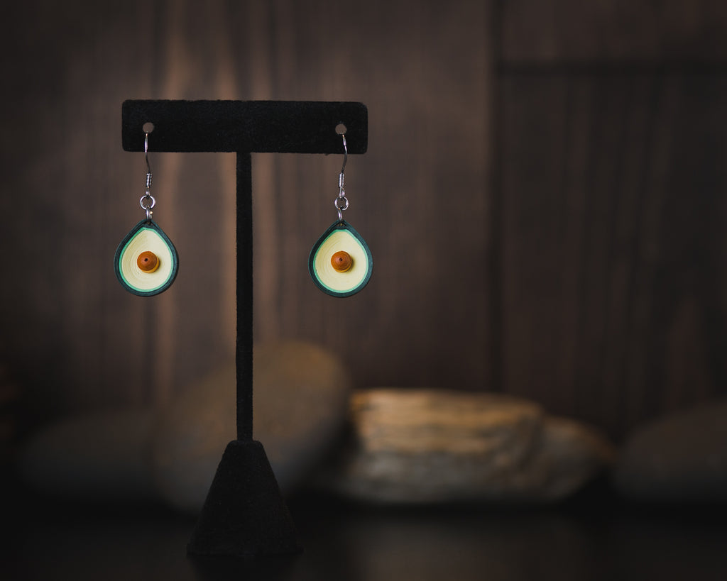 Avocado Earrings, handmade paper quilling light weight earrings made in California, USA. Sustainable fashion and eco-friendly earrings.