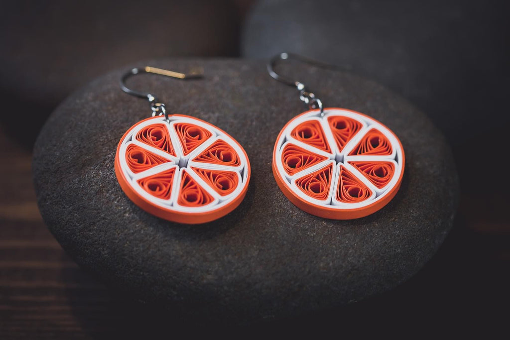 Orange Fruit Quilling Earrings, handmade paper quilling light weight earrings made in California, USA. Sustainable fashion and eco-friendly earrings.