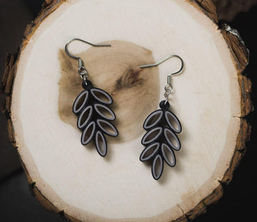 Pattrin Black Earrings, handmade paper quilling light weight earrings made in California, USA. Sustainable fashion and eco-friendly earrings.