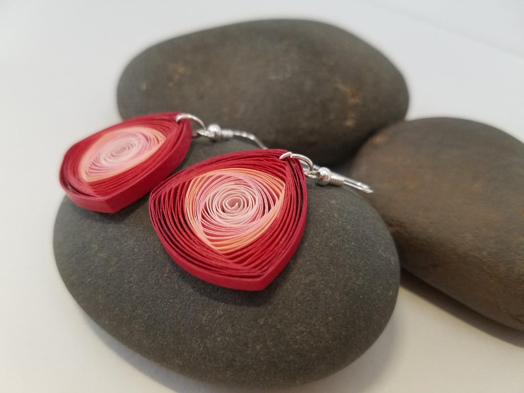 Karnika Whorl Red Geometric Earrings, handmade paper quilling light weight earrings made in California, USA. Sustainable fashion and eco-friendly earrings.