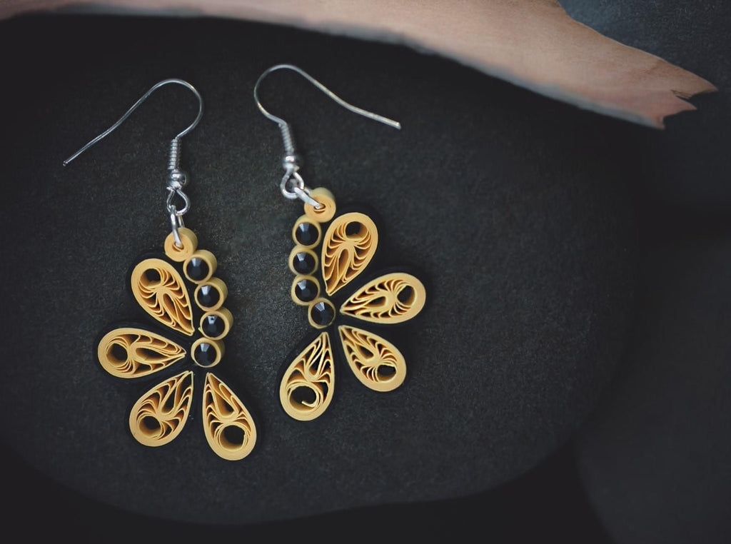 Teetal Butterfly Earrings, handmade paper quilling light weight earrings made in California, USA. Sustainable fashion and eco-friendly earrings.