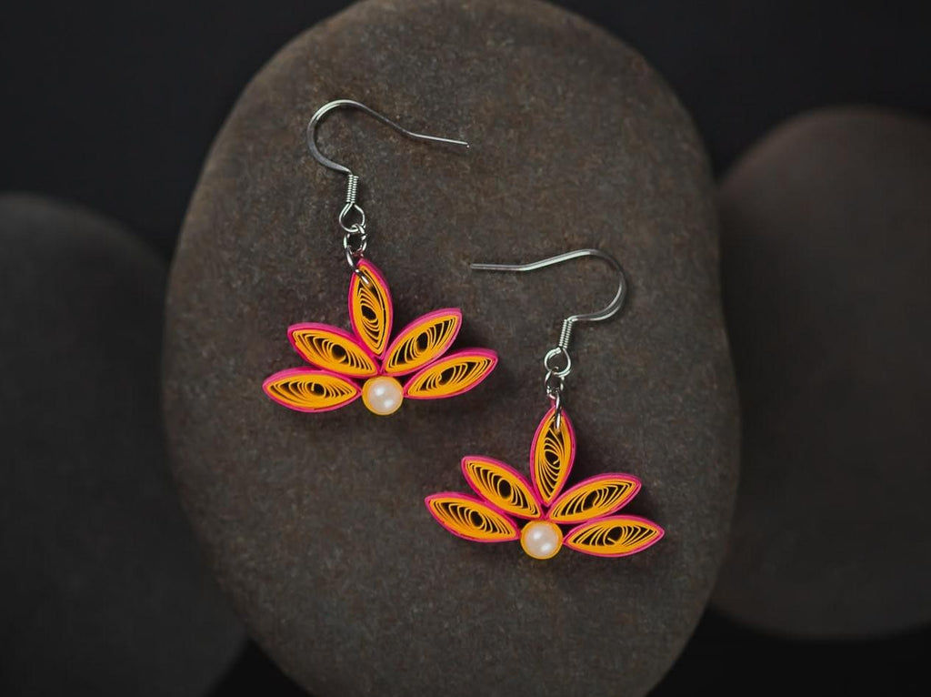 Jalaja Lotus Golden Lotus Earrings, handmade paper quilling light weight earrings made in California, USA. Sustainable fashion and eco-friendly earrings.
