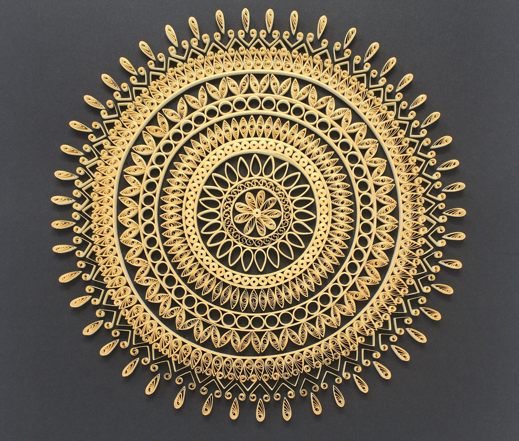 Shanti - Peace Mandala, Handmade paper quilling artwork made in California, USA. Sustainable and eco-friendly art work created by an artist in the bay area.