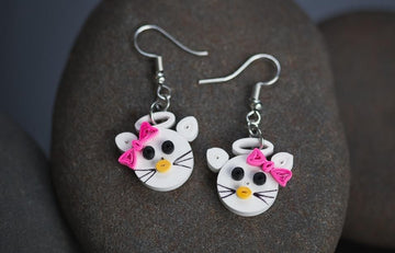 Bidala Hello Kitty Cat Earrings Gift, Handmade paper quilling light weight earrings made in California, USA. Sustainable fashion and eco-friendly earrings.