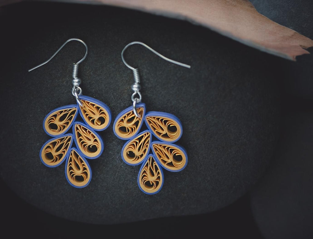 Aboli Blue Teardrop Earrings, Handmade paper quilling light weight earrings made in California, USA. Sustainable fashion and eco-friendly earrings. 