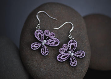 Purple Butterfly Earrings, handmade paper quilling light weight earrings made in California, USA. Sustainable fashion and eco-friendly earrings.