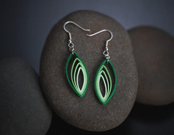 Palash Green Earrings, handmade paper quilling light weight earrings made in California, USA. Sustainable fashion and eco-friendly earrings.