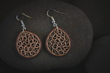 Madhu Delicious Brown Filigree Earrings, handmade paper quilling light weight earrings made in California, USA. Sustainable fashion and eco-friendly earrings.