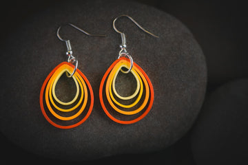 Grishma Summer Orange Teardrop Earrings, handmade paper quilling light weight earrings made in California, USA. Sustainable fashion and eco-friendly earrings.