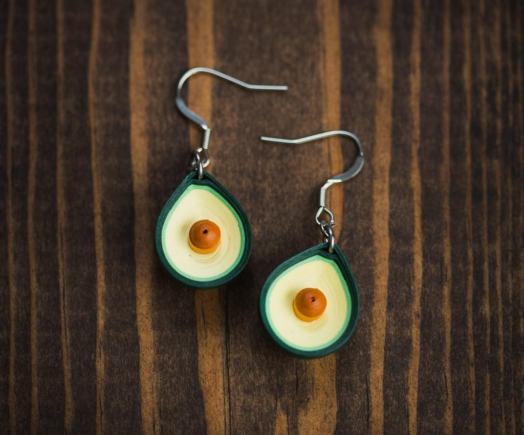 Avocado Earrings, handmade paper quilling light weight earrings made in California, USA. Sustainable fashion and eco-friendly earrings.