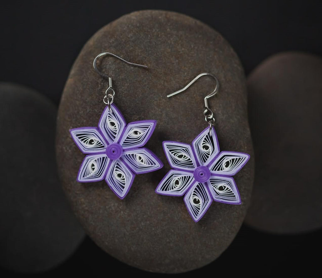 Tara Purple Star Earrings, handmade paper quilling light weight earrings made in California, USA. Sustainable fashion and eco-friendly earrings.