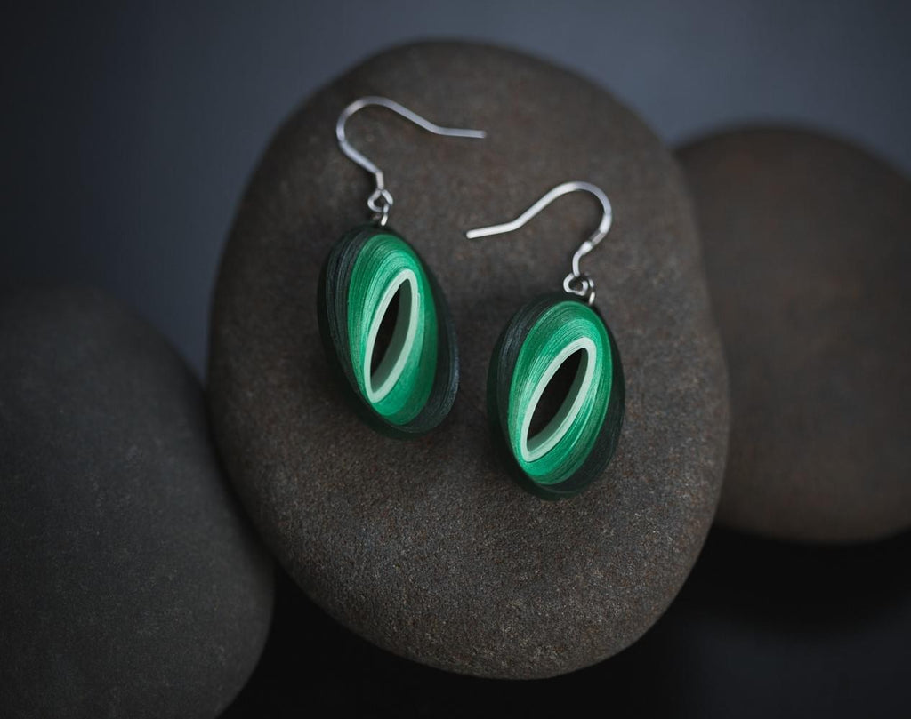 Haritha Jade Green Earrings, handmade paper quilling light weight earrings made in California, USA. Sustainable fashion and eco-friendly earrings.