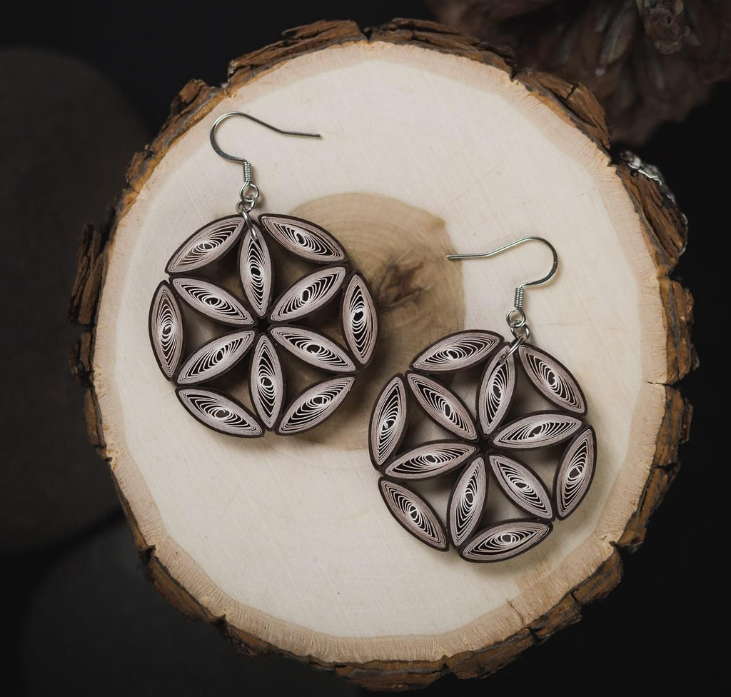 Flower Of Life Big Brown Earrings, handmade paper quilling light weight earrings made in California, USA. Sustainable fashion and eco-friendly earrings.