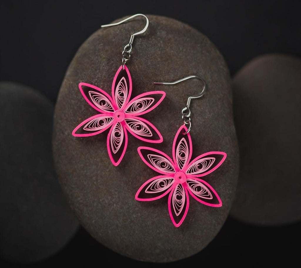 Manica Pink Flower Earrings, handmade paper quilling light weight earrings made in California, USA. Sustainable fashion and eco-friendly earrings.