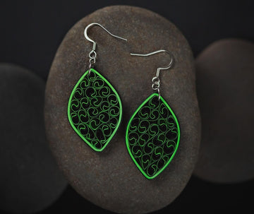 Saundarya Beauty Jade Green Long Earrings, handmade paper quilling light weight earrings made in California, USA. Sustainable fashion and eco-friendly earrings.