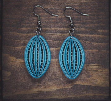 Viha Blue Dangle Earrings, handmade paper quilling light weight earrings made in California, USA. Sustainable fashion and eco-friendly earrings.