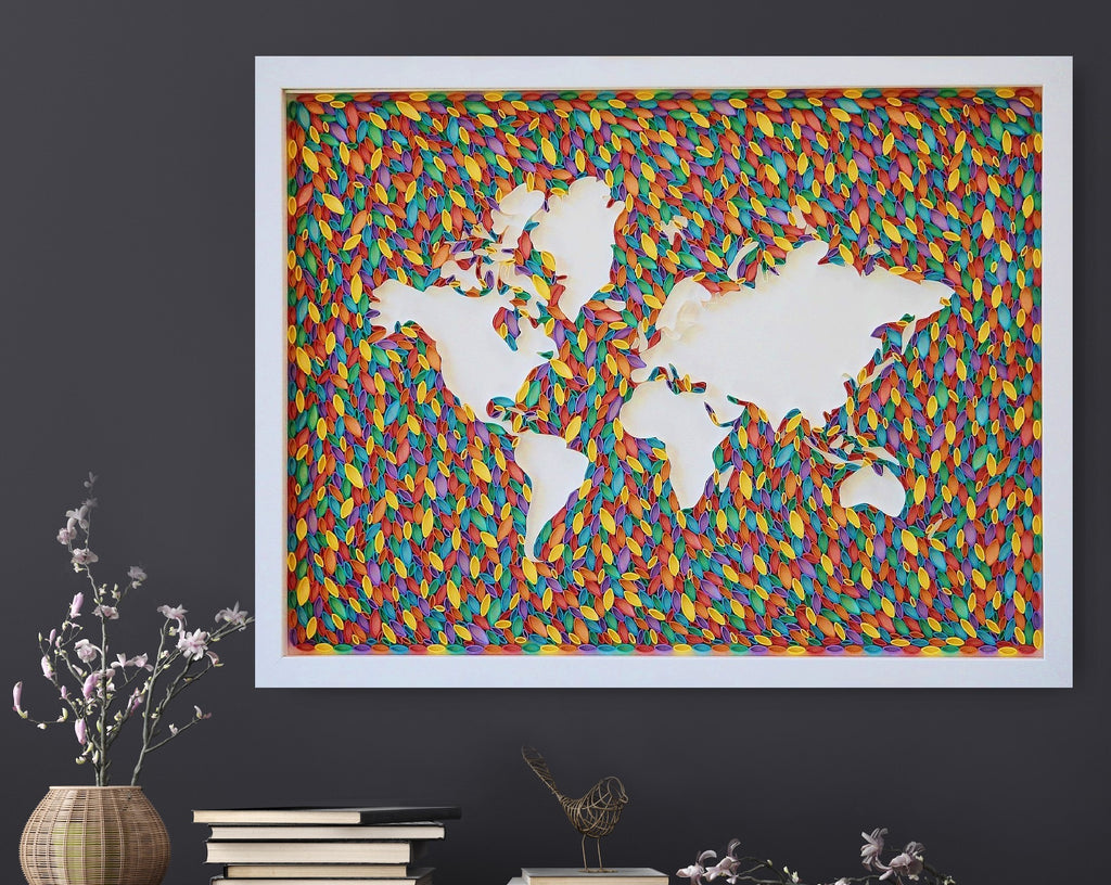 World Map Paper Quilling Art Work, Handmade paper quilling artwork made in California, USA. Sustainable and eco-friendly art work created by an artist in the bay area.