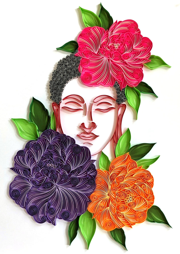 Buddha, Handmade paper quilling artwork made in California, USA. Sustainable and eco-friendly art work created by an artist in the bay area.