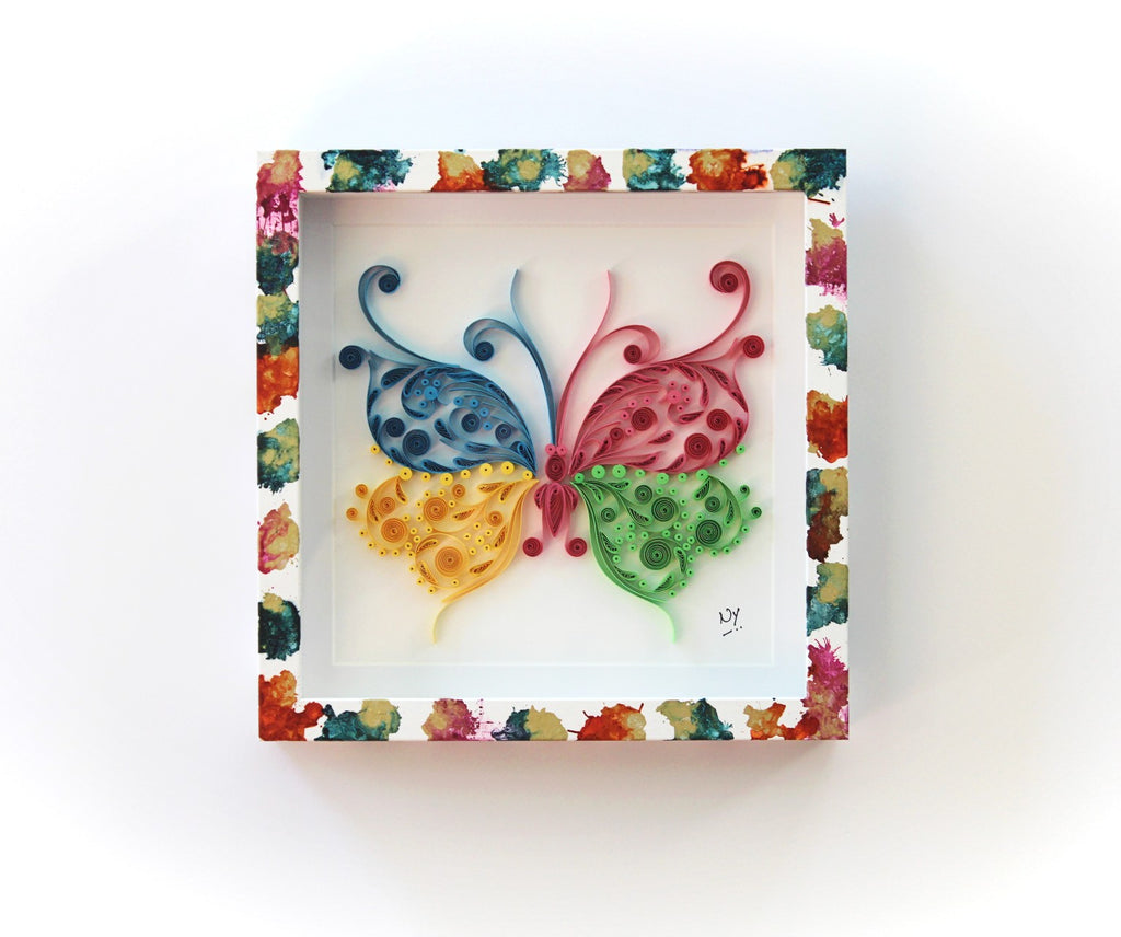 Sumukhi Butterfly Paper Quilling Art Work, Handmade paper quilling artwork made in California, USA. Sustainable and eco-friendly art work created by an artist in the bay area.