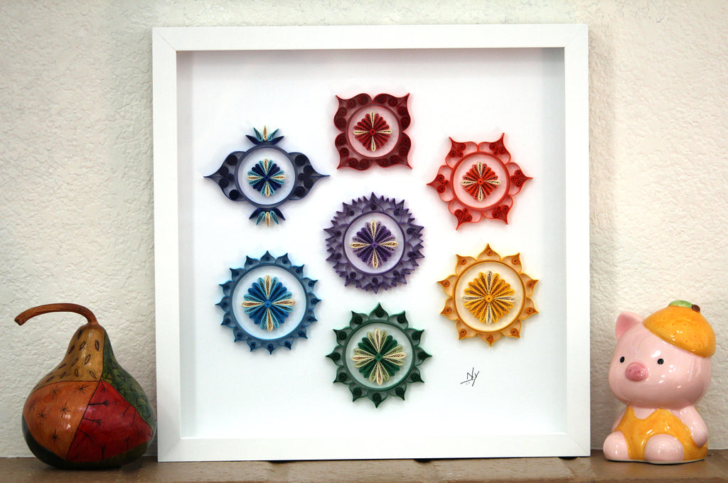 Sacred Geometry Chakras Paper Quilling Art, Handmade paper quilling artwork made in California, USA. Sustainable and eco-friendly art work created by an artist in the bay area.