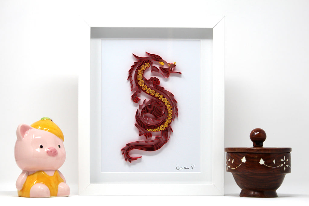 Vritra Chinese Dragon Paper Quilling Wall Art, Handmade paper quilling artwork made in California, USA. Sustainable and eco-friendly art work created by an artist in the bay area.