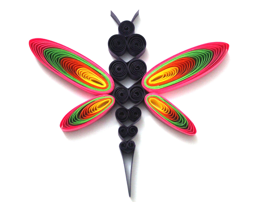 Prachika Dragonfly Paper Quilling Art work, Handmade paper quilling artwork made in California, USA. Sustainable and eco-friendly art work created by an artist in the bay area.