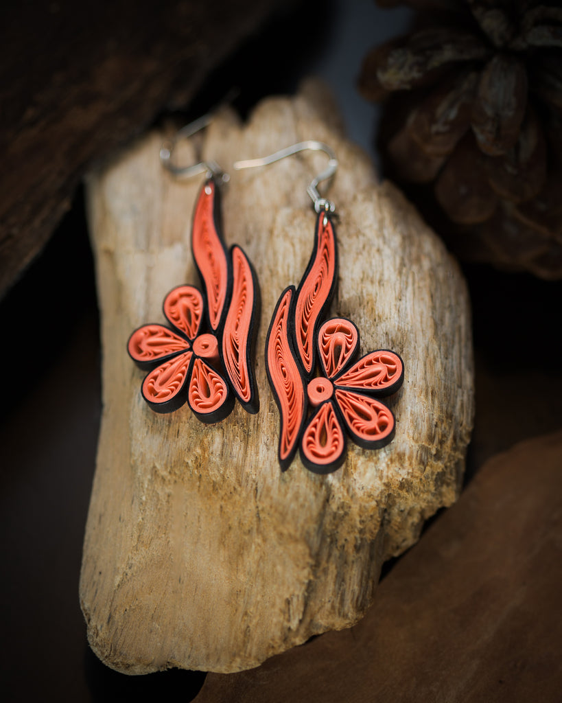 Sindhu (River) Earrings, handmade paper quilling light weight earrings made in California, USA. Sustainable fashion and eco-friendly earrings.