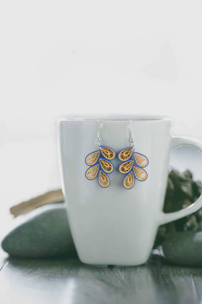 Aboli Blue Teardrop Earrings, Handmade paper quilling light weight earrings made in California, USA. Sustainable fashion and eco-friendly earrings.