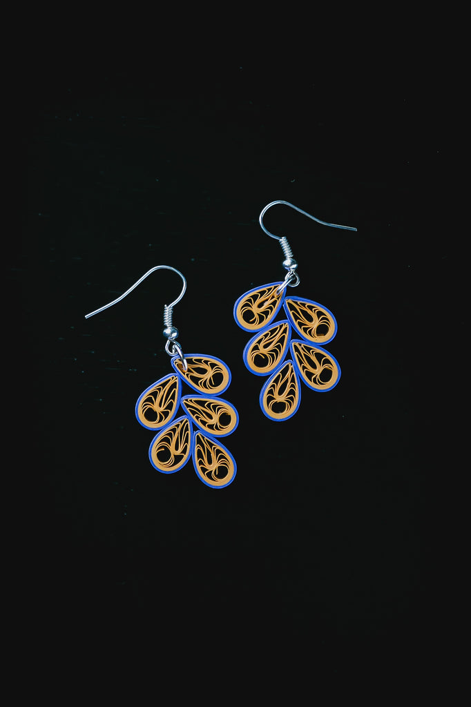 Aboli Blue Teardrop Earrings, Handmade paper quilling light weight earrings made in California, USA. Sustainable fashion and eco-friendly earrings.