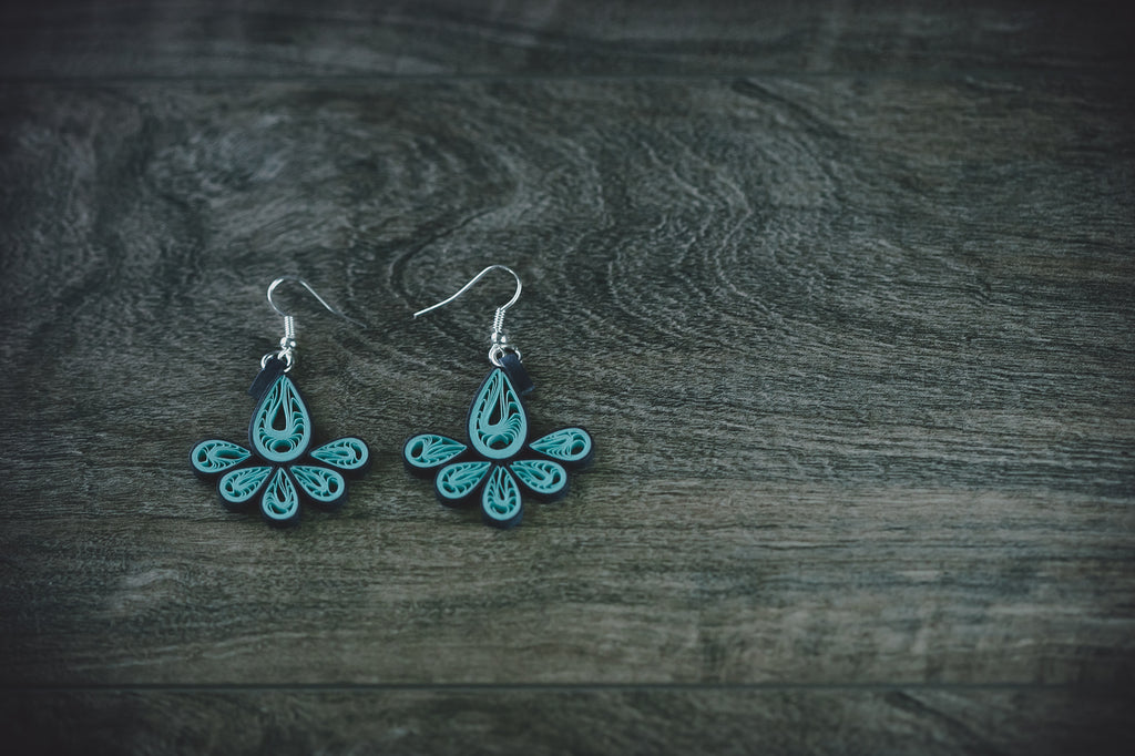 Kalapin (Peacock) Turquoise Teardrop Earrings, handmade paper quilling light weight earrings made in California, USA. Sustainable fashion and eco-friendly earrings.