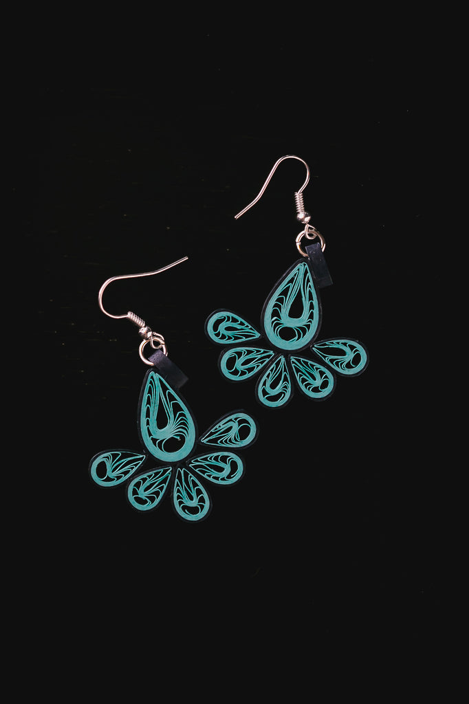 Kalapin (Peacock) Turquoise Teardrop Earrings, handmade paper quilling light weight earrings made in California, USA. Sustainable fashion and eco-friendly earrings.