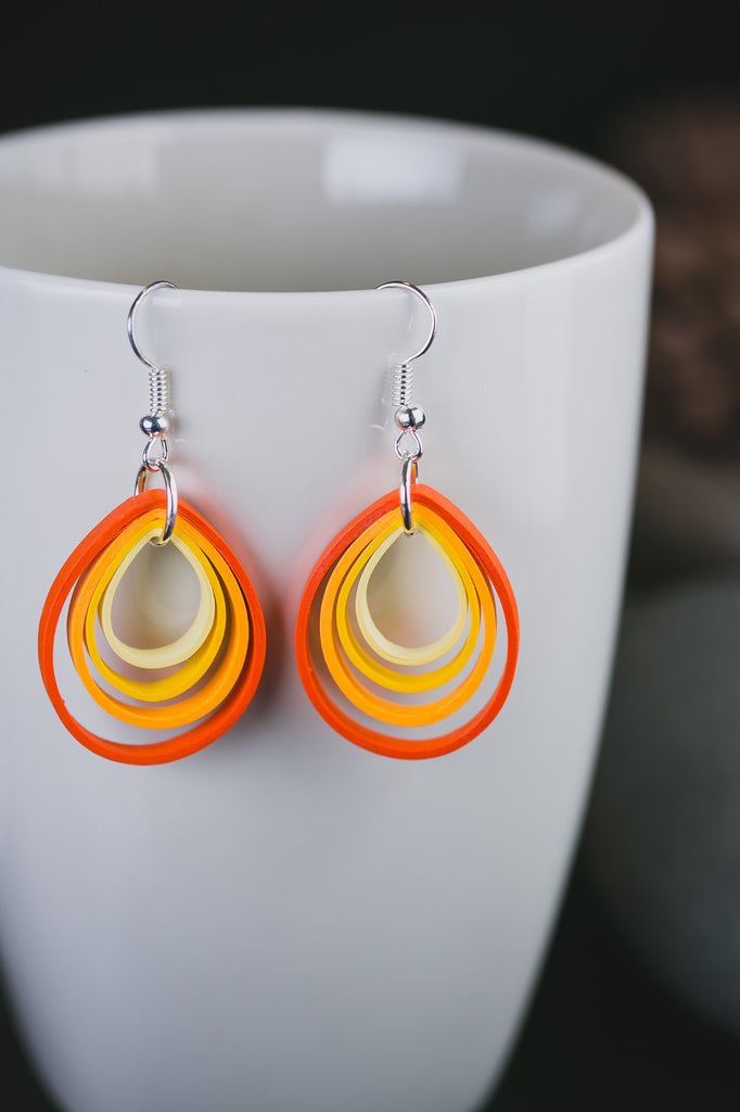 Grishma Summer Orange Teardrop Earrings, handmade paper quilling light weight earrings made in California, USA. Sustainable fashion and eco-friendly earrings.
