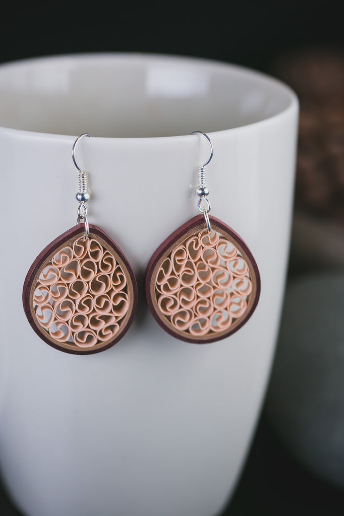 Madhu Delicious Brown Filigree Earrings, handmade paper quilling light weight earrings made in California, USA. Sustainable fashion and eco-friendly earrings.