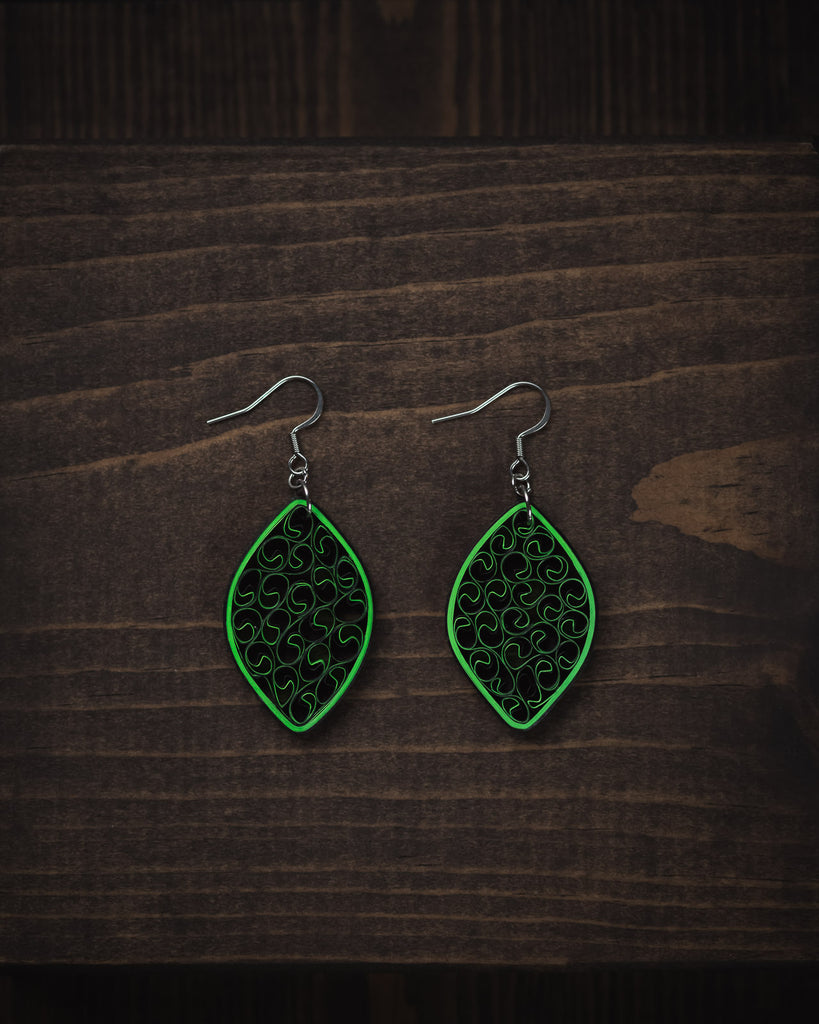 Saundarya Beauty Jade Green Long Earrings, handmade paper quilling light weight earrings made in California, USA. Sustainable fashion and eco-friendly earrings.