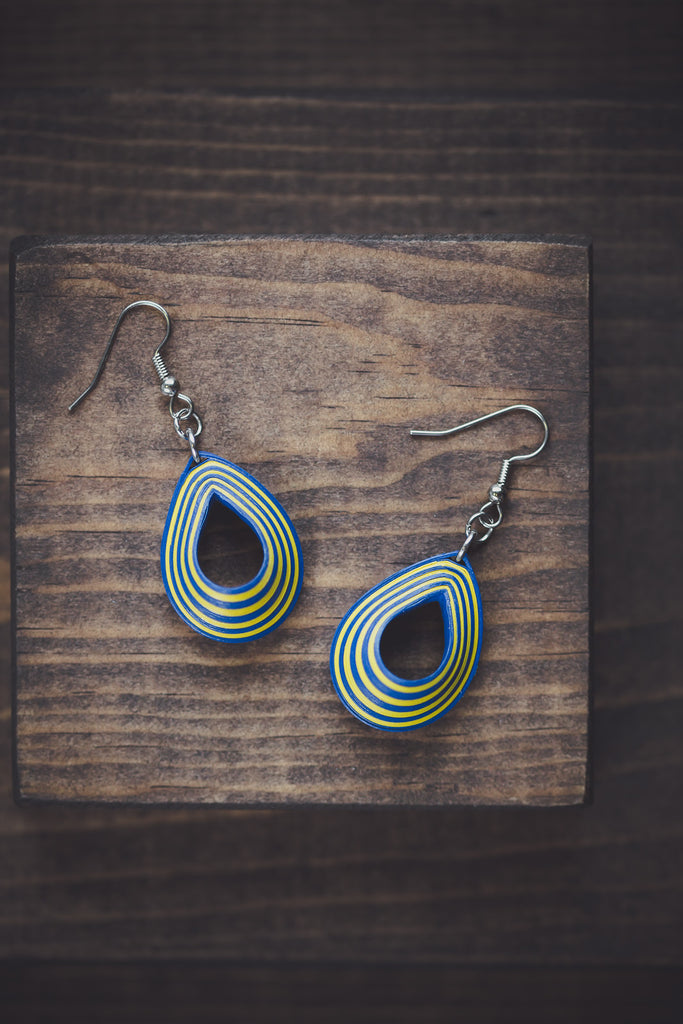 Yodha Warrior Blue Earrings, handmade paper quilling light weight earrings made in California, USA. Sustainable fashion and eco-friendly earrings.