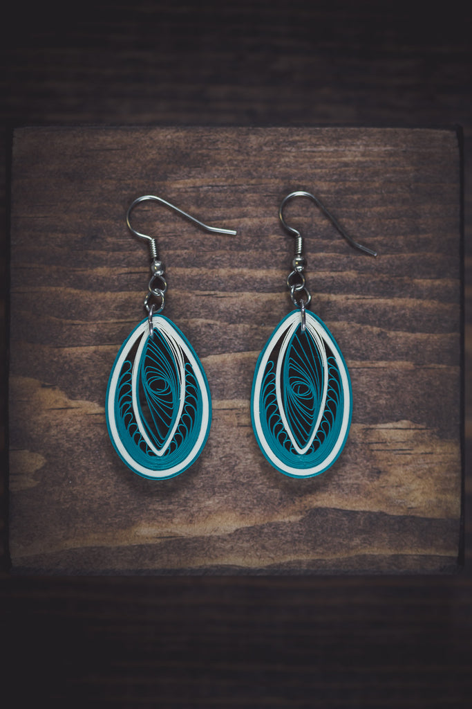 Amodha Serenity Aqua Turquoise Teardrop Earrings. Handmade paper quilling light weight earrings made in California, USA. Sustainable fashion and eco-friendly earrings.