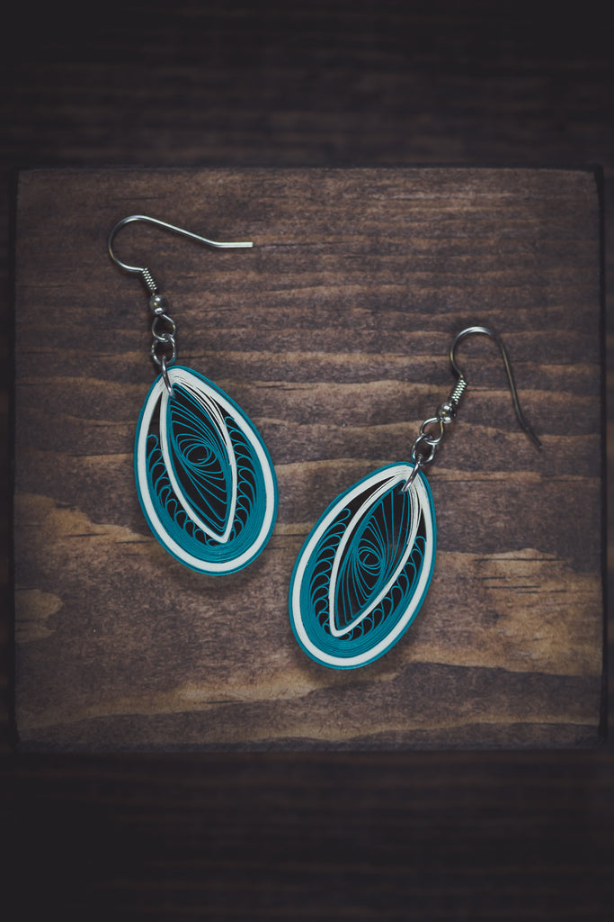 Amodha Serenity Aqua Turquoise Teardrop Earrings. Handmade paper quilling light weight earrings made in California, USA. Sustainable fashion and eco-friendly earrings.
