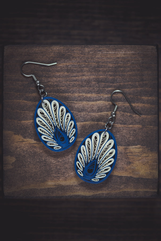 Kaladhvani Peacock Blue Earrings, handmade paper quilling light weight earrings made in California, USA. Sustainable fashion and eco-friendly earrings.