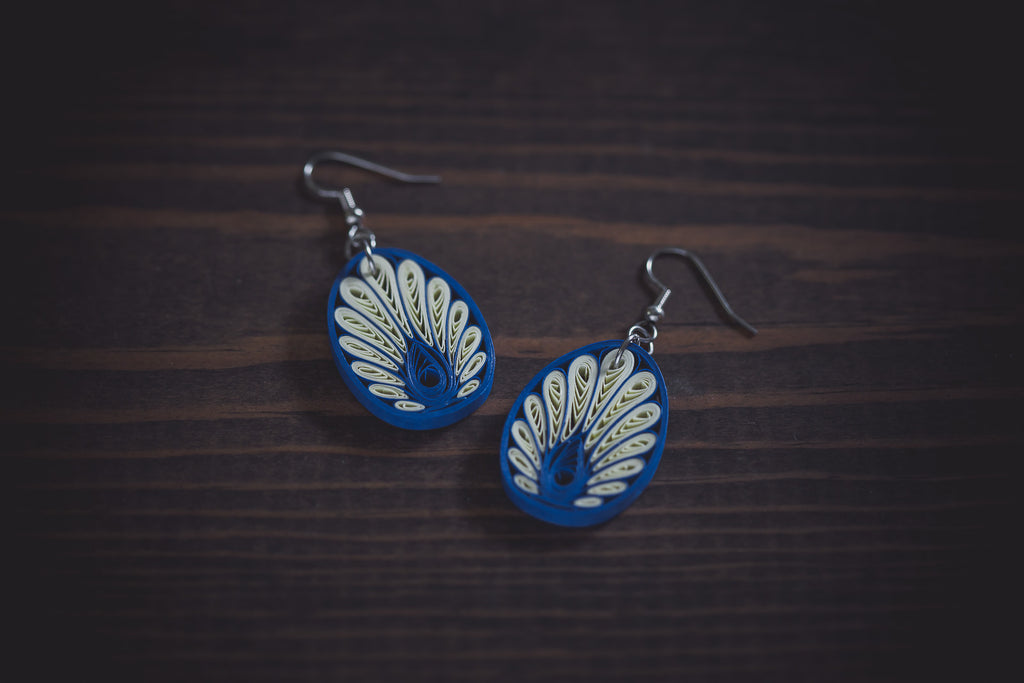 Kaladhvani Peacock Blue Earrings, handmade paper quilling light weight earrings made in California, USA. Sustainable fashion and eco-friendly earrings.