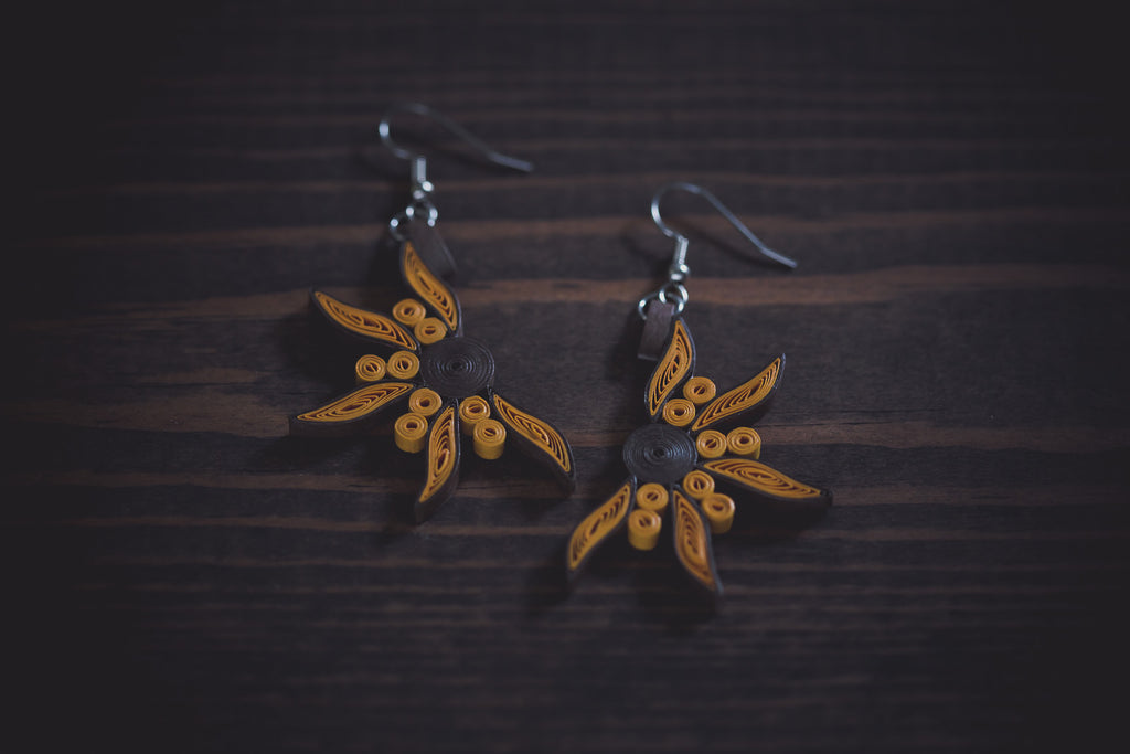 Surya Golden Sun Earrings, handmade paper quilling light weight earrings made in California, USA. Sustainable fashion and eco-friendly earrings.