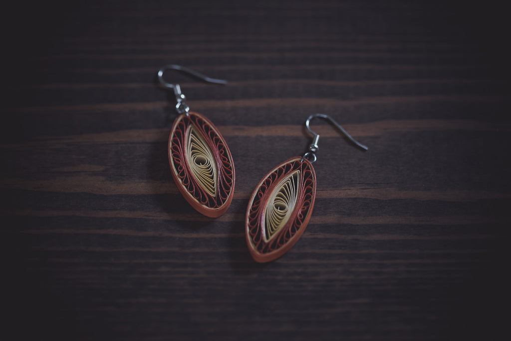 Vikrama Stability Brown Long Earrings, handmade paper quilling light weight earrings made in California, USA. Sustainable fashion and eco-friendly earrings.