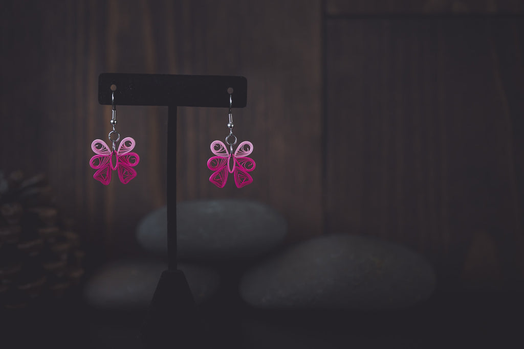 Patala Pink Bow Earrings, handmade paper quilling light weight earrings made in California, USA. Sustainable fashion and eco-friendly earrings.