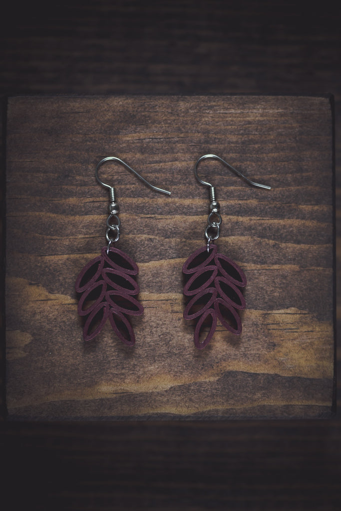 Patra Leaf Dangle Earrings, handmade paper quilling light weight earrings made in California, USA. Sustainable fashion and eco-friendly earrings.