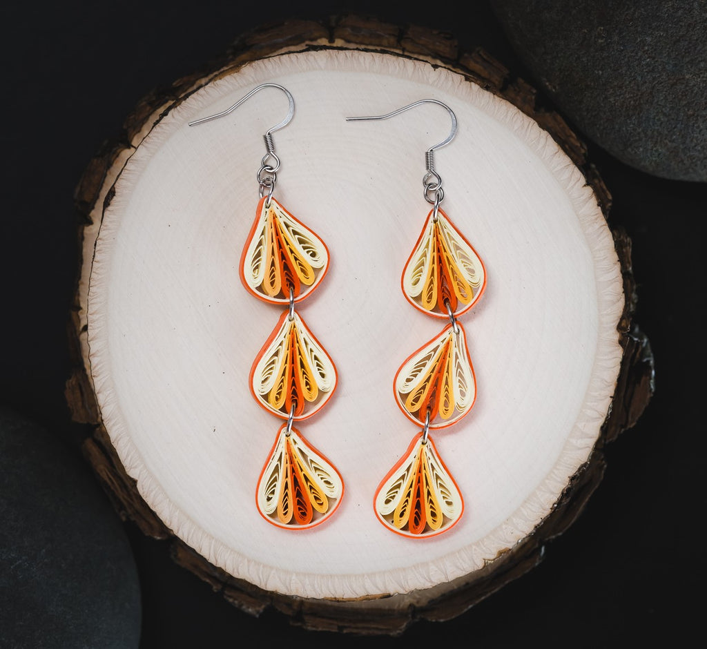 Trika Threefold Orange Long Earrings, handmade paper quilling light weight earrings made in California, USA. Sustainable fashion and eco-friendly earrings.