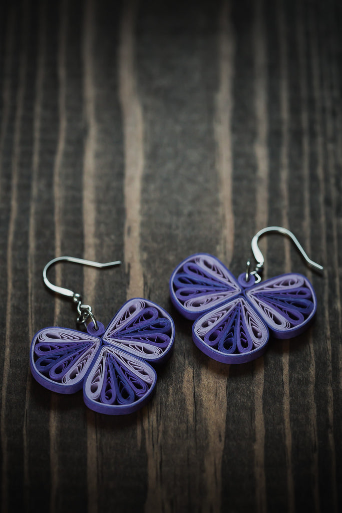Traya Threefold Purple Geometric Earrings, handmade paper quilling light weight earrings made in California, USA. Sustainable fashion and eco-friendly earrings.